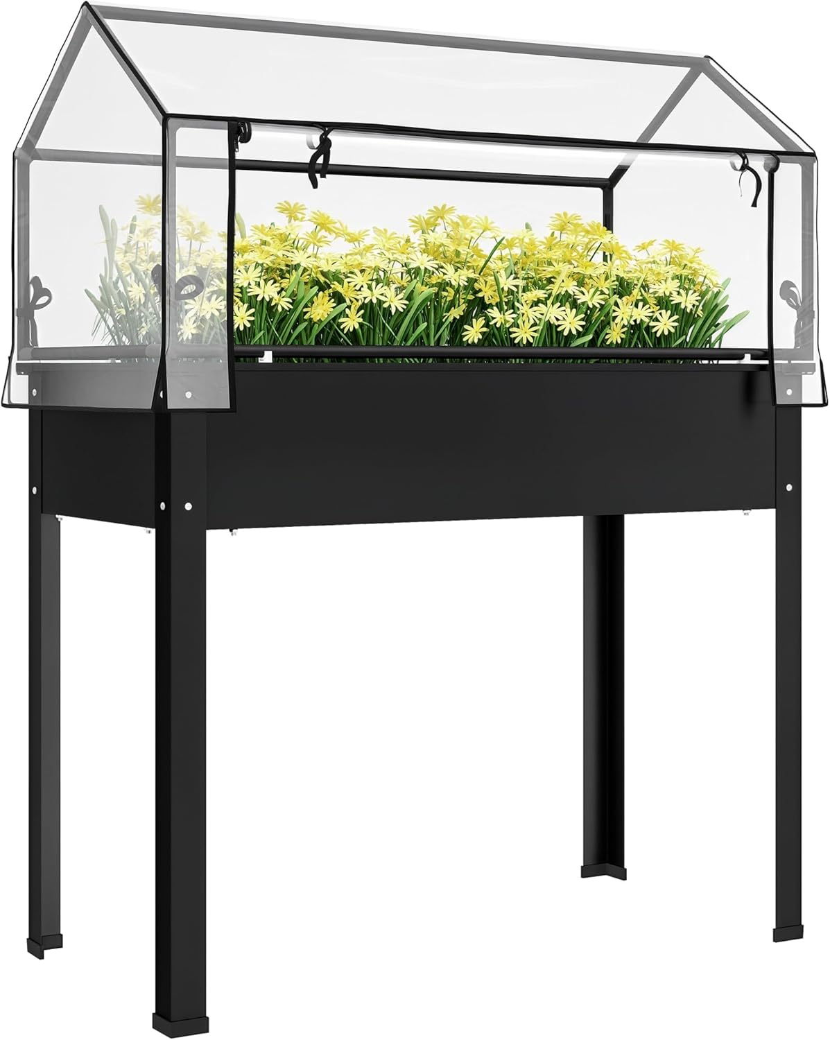 Raised Garden Bed - แปลงปลูกผักยกพื้นสำหรับใช้งานกลางแจ้ง สีดำ พร้อมฝาครอบแบบพับได้ ขาตั้ง และรูระบายน้ำ สำหรับปลูกผัก