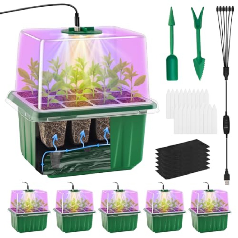 Seed Starter Tray - ถาดเพาะเมล็ดพร้อมไฟ 6 แพ็ค ชุดเริ่มต้นปลูกต้นกล้าพร้อมโดมควบคุมความชื้น ฐานรองในร่ม โรงเรือนขนาดเล็ก