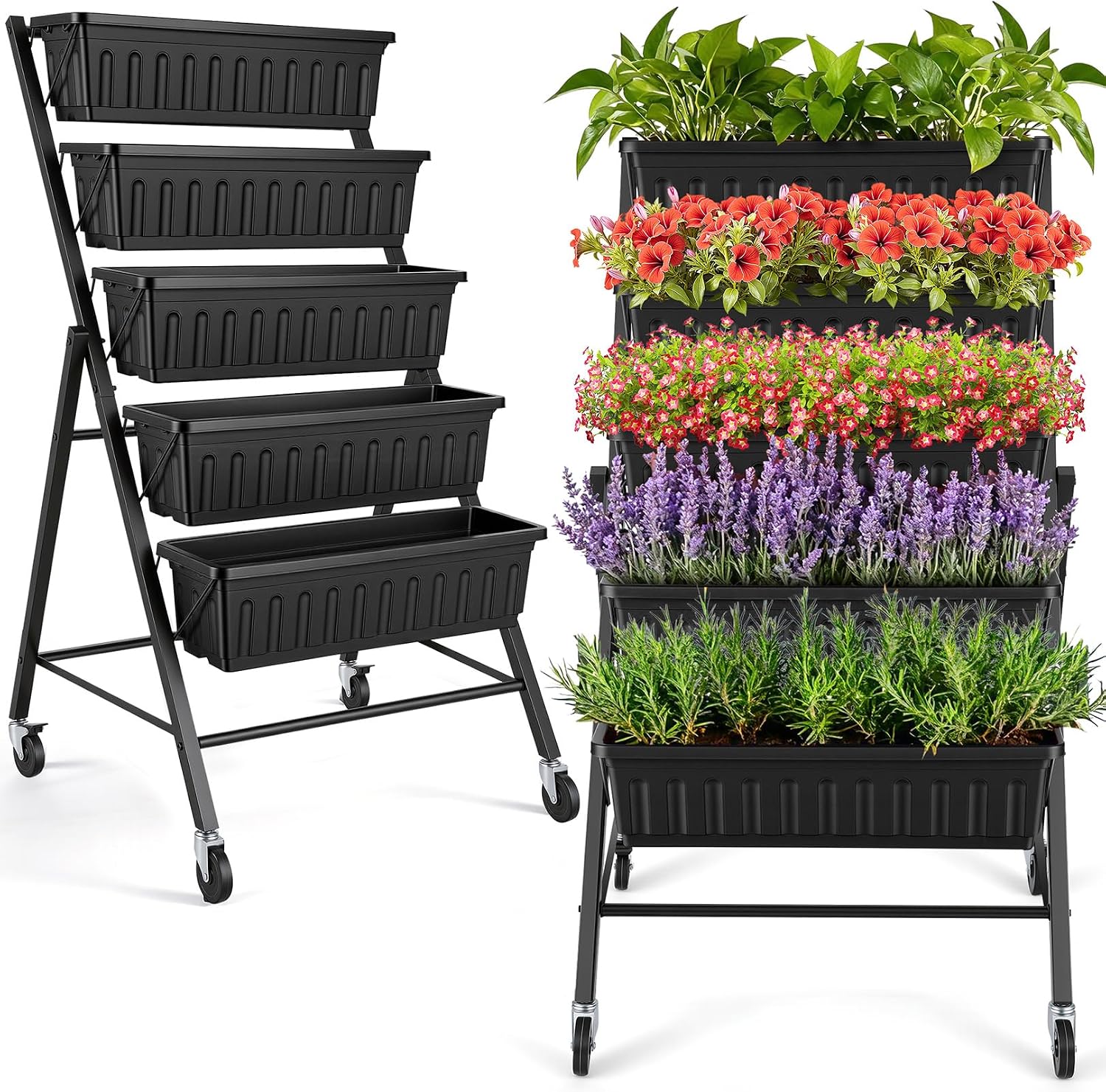 Indoor Herb Garden - แปลงปลูกผักยกสูงแบบตั้งแนวตั้งพร้อมล้อเลื่อน, ชุดกล่องปลูกผักยกสูง 5 ชั้น, ชั้นวางปลูกผักแบบเคลื่อนที่พร้อมระบบระบายน้ำสำหรับปลูกสมุนไพร ผัก