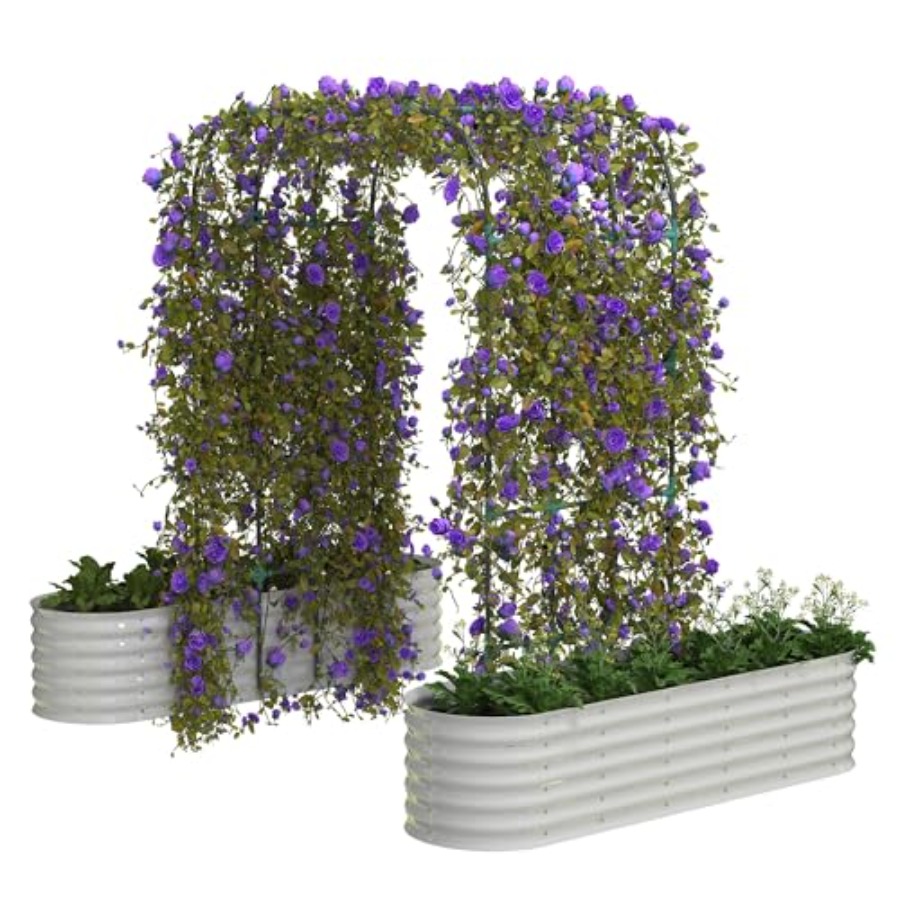 Raised Garden Bed - แปลงปลูกผักยกพื้นชุบสังกะสีขนาด 96 นิ้ว พร้อมโครงเหล็กโค้งแนวตั้งแบบขยายได้ สำหรับปลูกผักและดอกไม้แบบเลื้อย