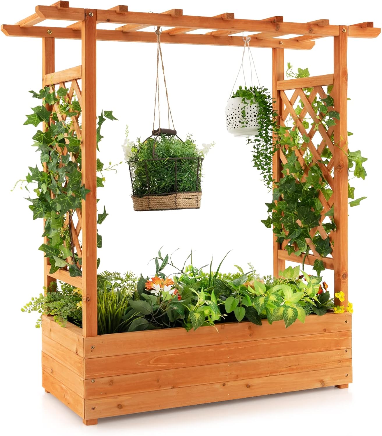 Raised Garden Bed - แปลงปลูกผักยกพื้นทำจากไม้ พร้อมโครงโค้งและหลังคาแขวนสำหรับลานกลางแจ้ง มีรูระบายน้ำ 4 รู สำหรับปลูกพืชเลื้อย