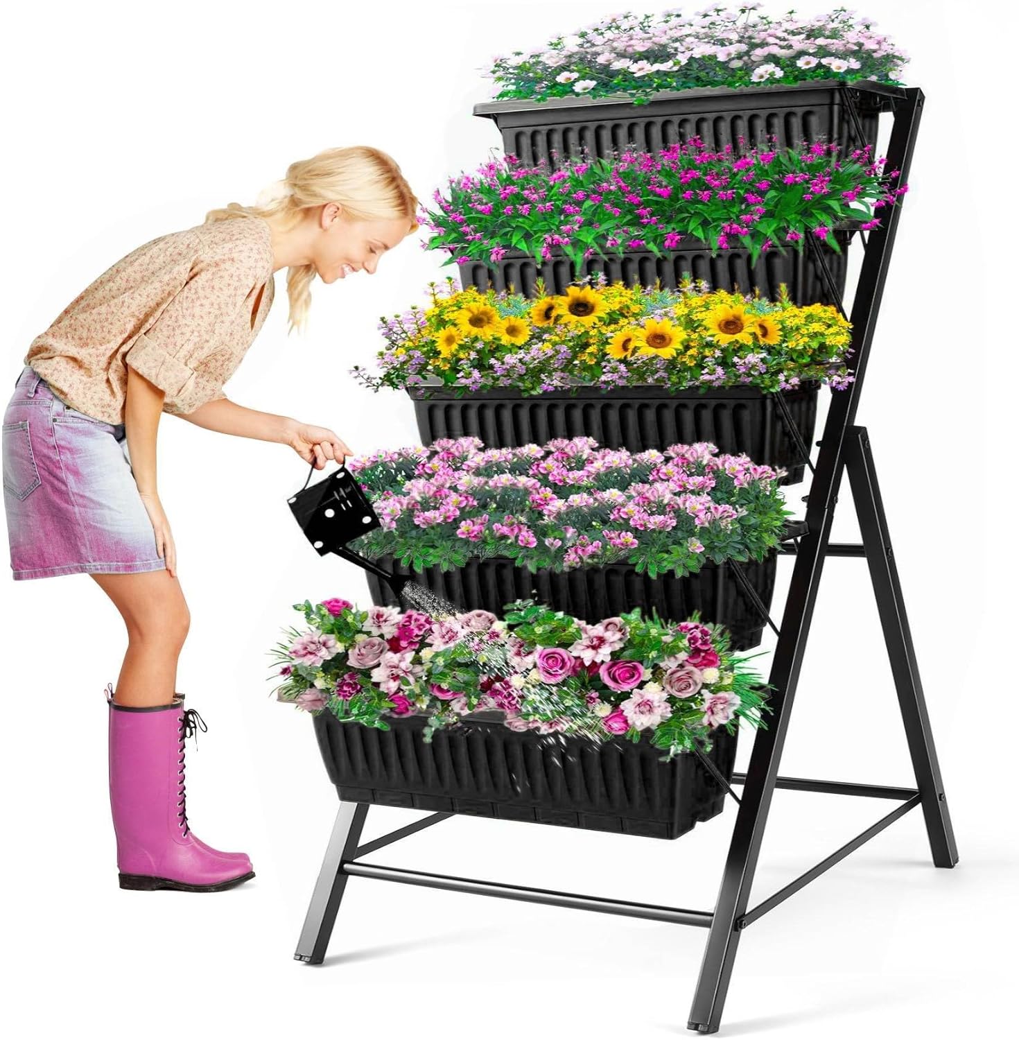 Vertical Planter - กระถางปลูกต้นไม้โลหะ 5 ชั้น สีดำ สำหรับสวนกลางแจ้ง ระเบียง