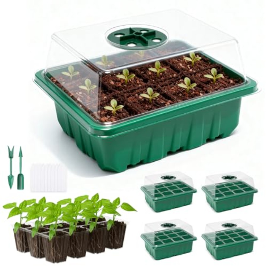 Seed Starter Tray - ถาดเพาะเมล็ด 5 แพ็คพร้อมโดมควบคุมความชื้น, ชุดเริ่มต้นเพาะเมล็ดพร้อมฐานรูระบายน้ำแบบโปร่งใส โรงเรือนขนาดเล็กในร่มสำหรับเพาะพันธุ์